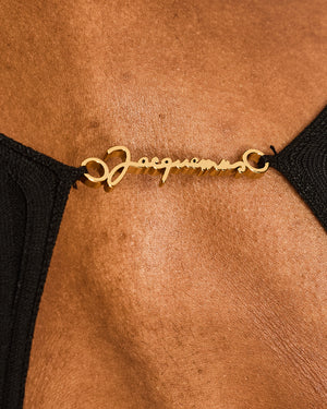 Jacquemus Black Ribbed Long Sleeve Top with Metal Logo Detail Size FR 34 (UK 6)