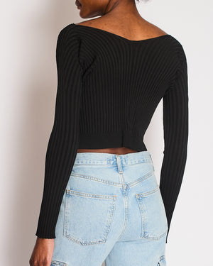 Jacquemus Black Ribbed Long Sleeve Top with Metal Logo Detail Size FR 34 (UK 6)