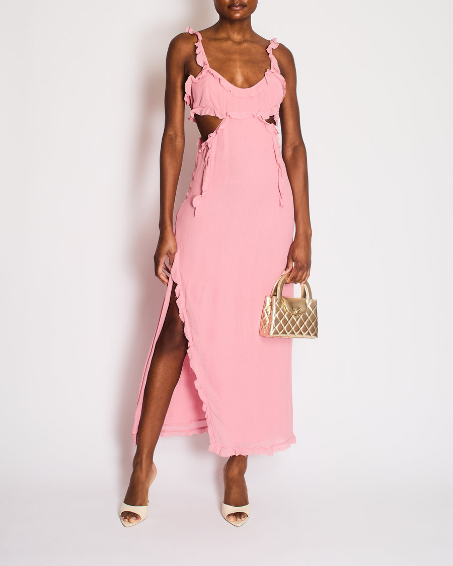 Acne Studios Pink Crinkled Chiffon Mini Dress With Cut Out & Frill Det Sellier Acne Studios Pink Crinkled Chiffon Mini Dress With Cut Out & Frill Det Sellier
