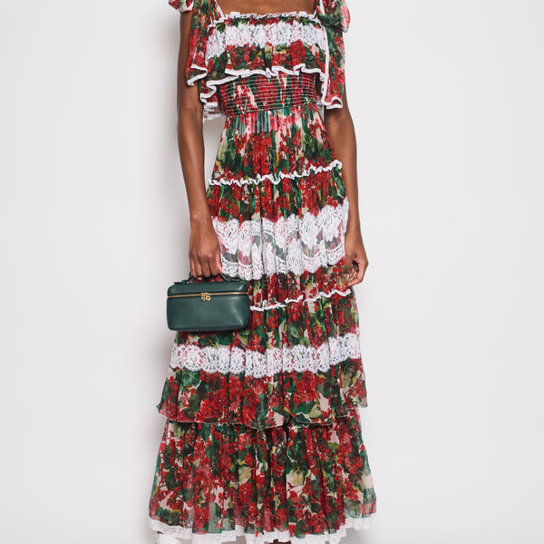 Dolce & Gabbana Red Maxi Floral Lace Tiered Dress Size IT 38