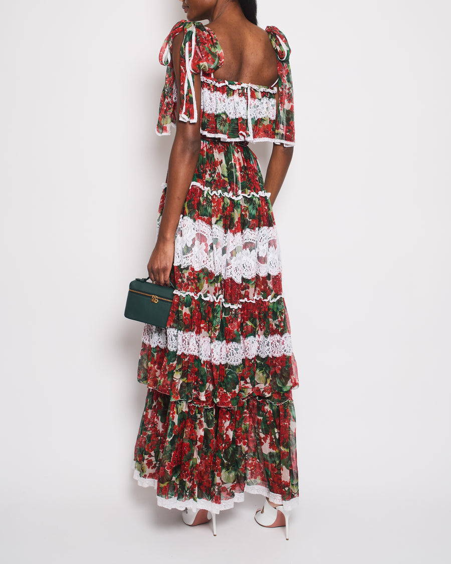 Dolce & Gabbana Red Maxi Floral Lace Tiered Dress Size IT 38 (UK 6)