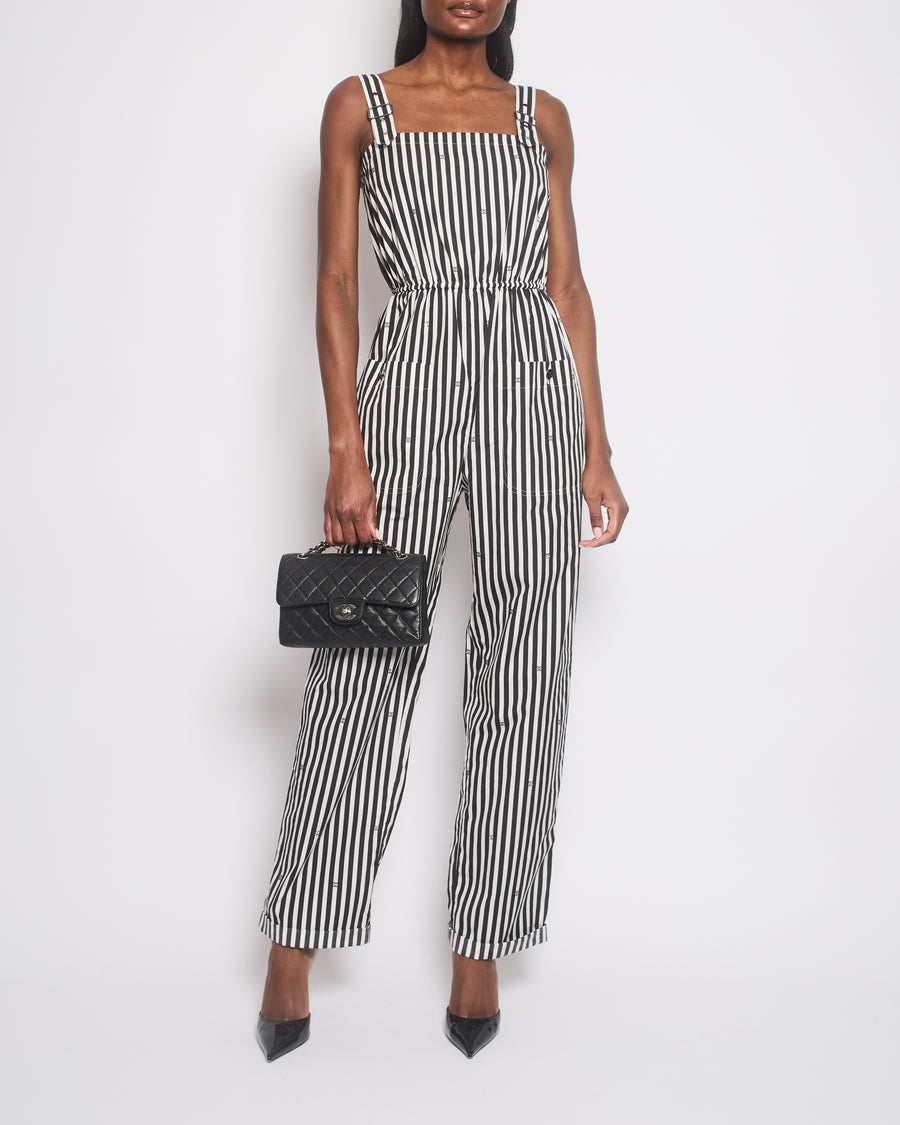 Chanel 24M White and Black Striped Jumpsuit with Crystal CC Logos and Adjustable Straps Size FR36 (UK 8)