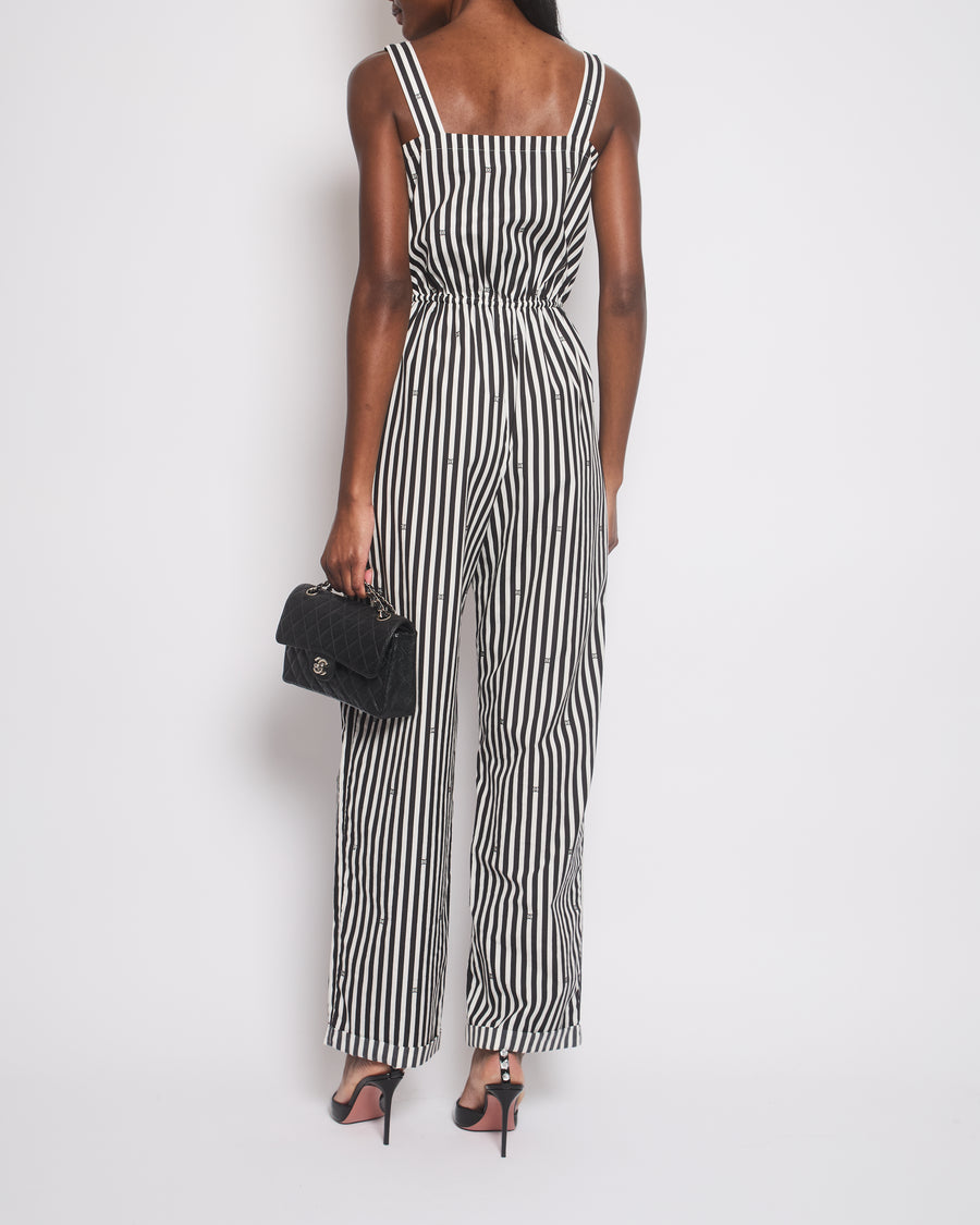 Chanel 24M White and Black Striped Jumpsuit with Crystal CC Logos and Adjustable Straps Size FR36 (UK 8)