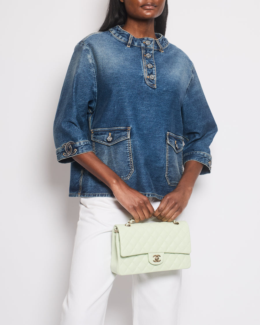 *HOT* Chanel 24S Denim Cropped Top with 3/4 Sleeves & Floral Crystal CC Buttons Detail Size FR 38 (UK 10) RRP £3,450
