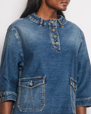 *HOT* Chanel 24S Denim Cropped Top with 3/4 Sleeves & Floral Crystal CC Buttons Detail Size FR 38 (UK 10) RRP £3,450
