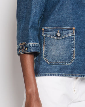 *HOT* Chanel 24S Denim Cropped Top with 3/4 Sleeves & Floral Crystal CC Buttons Detail Size FR 38 (UK 10) RRP £3,450