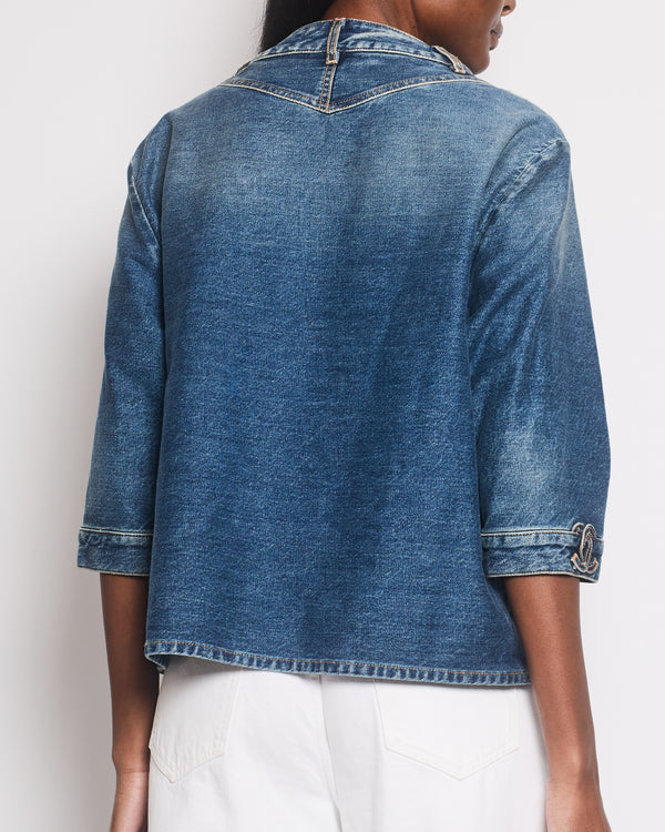 *HOT* Chanel 24S Denim Cropped Top with 3/4 Sleeves & Floral Crystal CC Buttons Detail Size FR 38 (UK 10) RRP £3,450