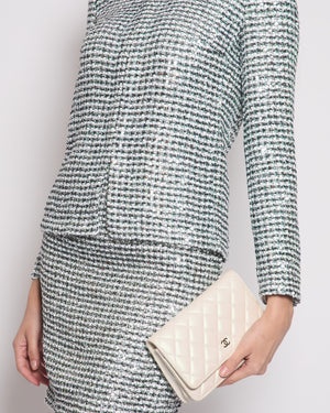 *HOT* Chanel 23P Black, White & Metallic Green Sequin Jacket and Skirt Set with CC Button Details Size FR 34/36 (UK 6/8) RRP Jacket £6,500, RRP Skirt £3,800