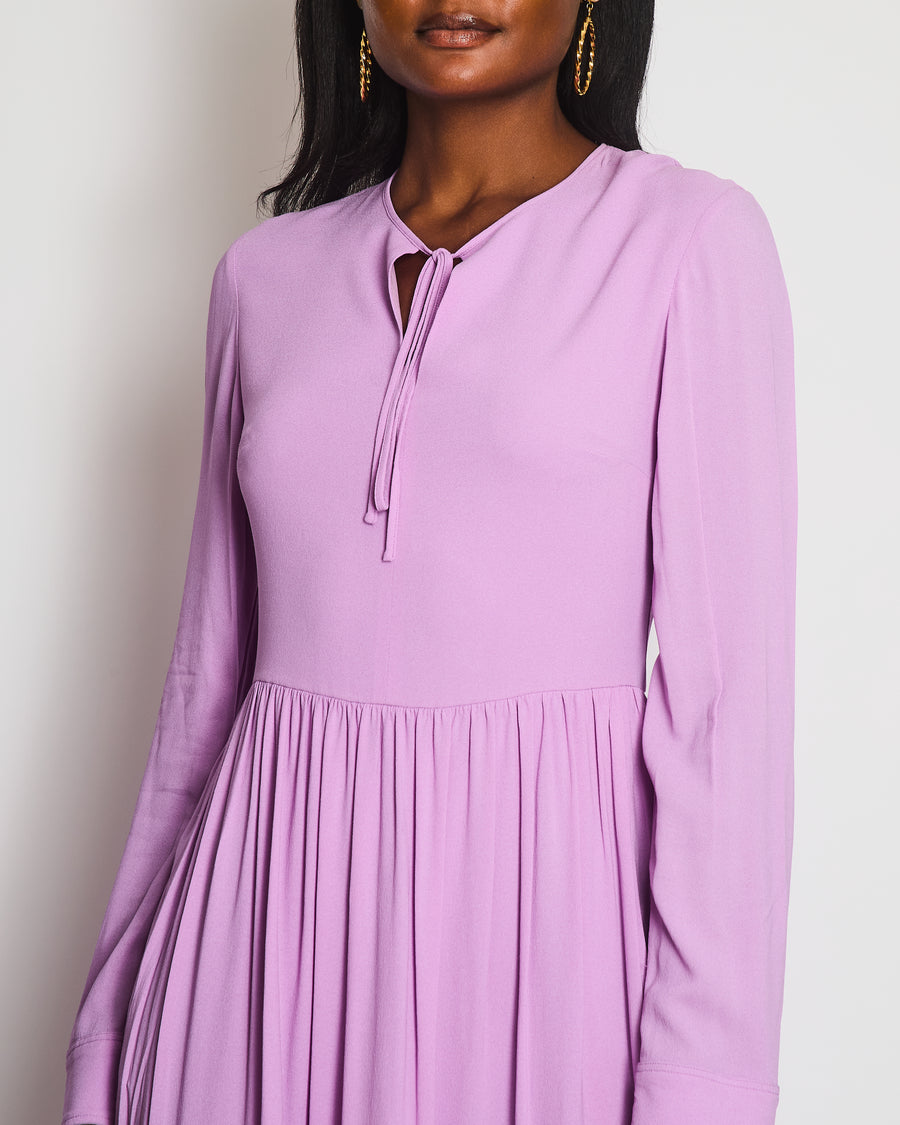 Stella McCartney Lilac Long Sleeve Pleated Waist Midi Dress with V-Neck Tie Detail Size IT 42 (UK 10) RRP £900