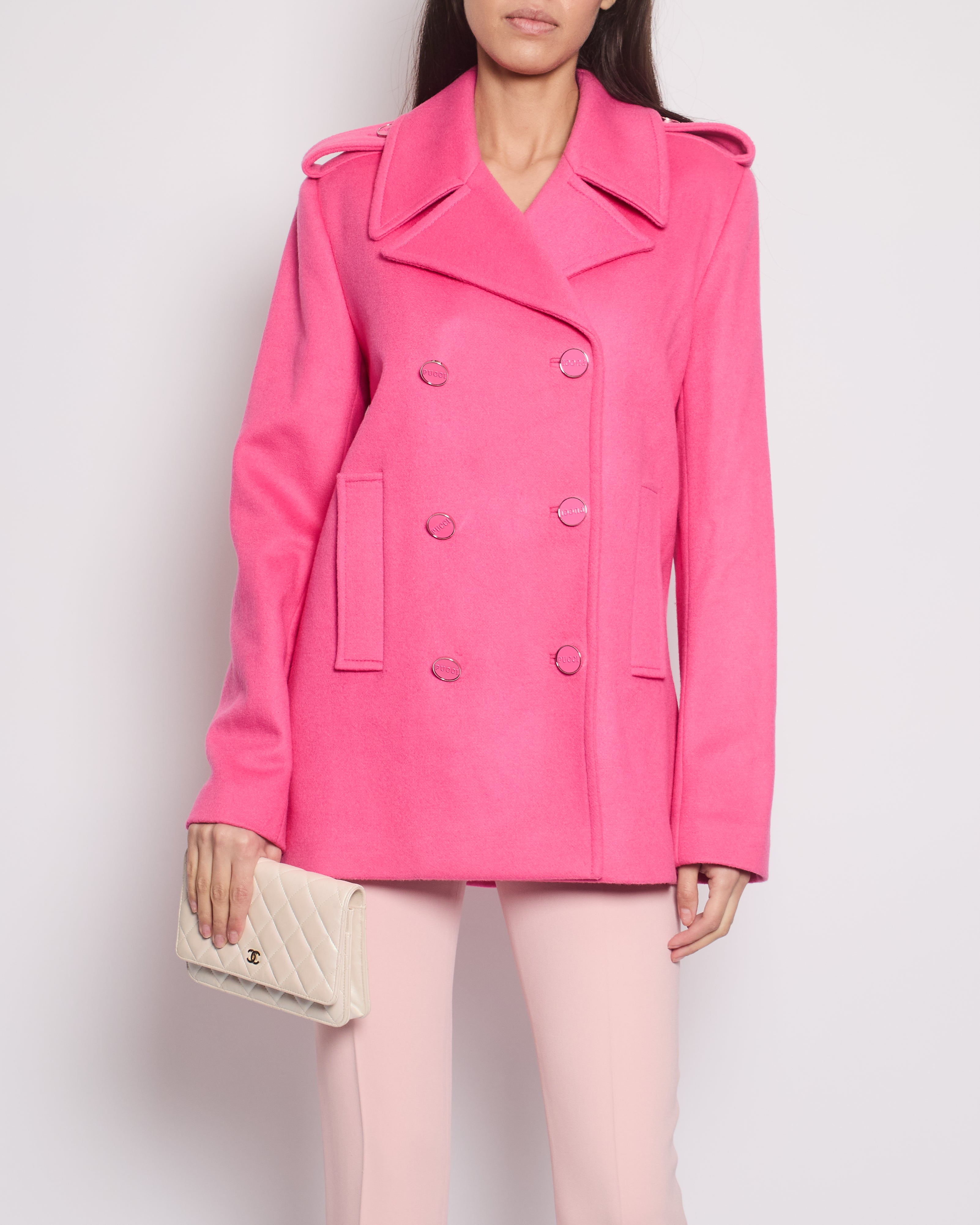 Emilio Pucci Pink Double Breasted Coat With Pink Logo Button
