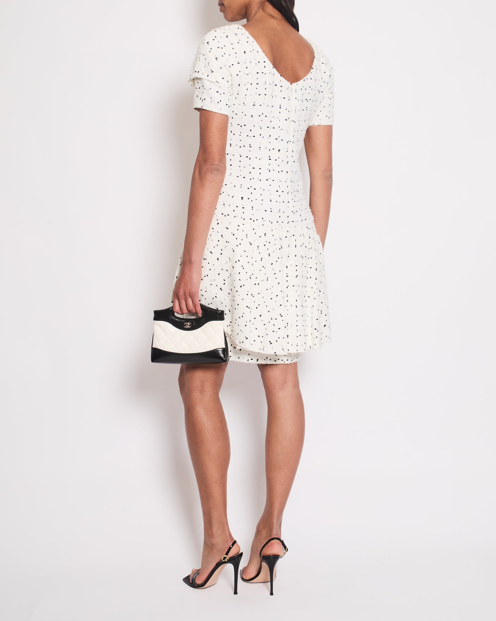 Chanel White & Black Tweed Mini Dress With Frill Detail