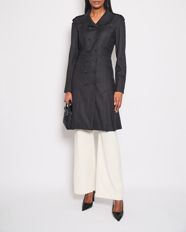 Chanel Charcoal Wool Trench Coat with CC Logo Buttons Detailing Size FR 42 (UK 14)