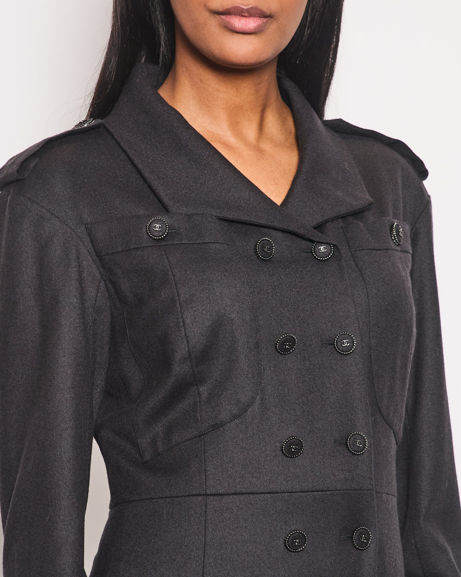 Chanel Charcoal Wool Trench Coat with CC Logo Buttons Detailing Size FR 42 (UK 14)
