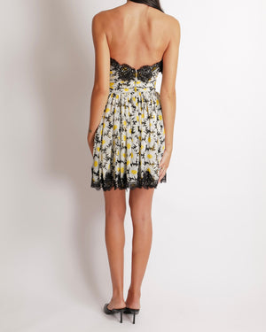 Dolce & Gabbana Black and White Daisy Printed Sleeveless Mini Dress with Rouched Bustier Top Detail and Black Lace Trims Size IT 38 (UK 6)