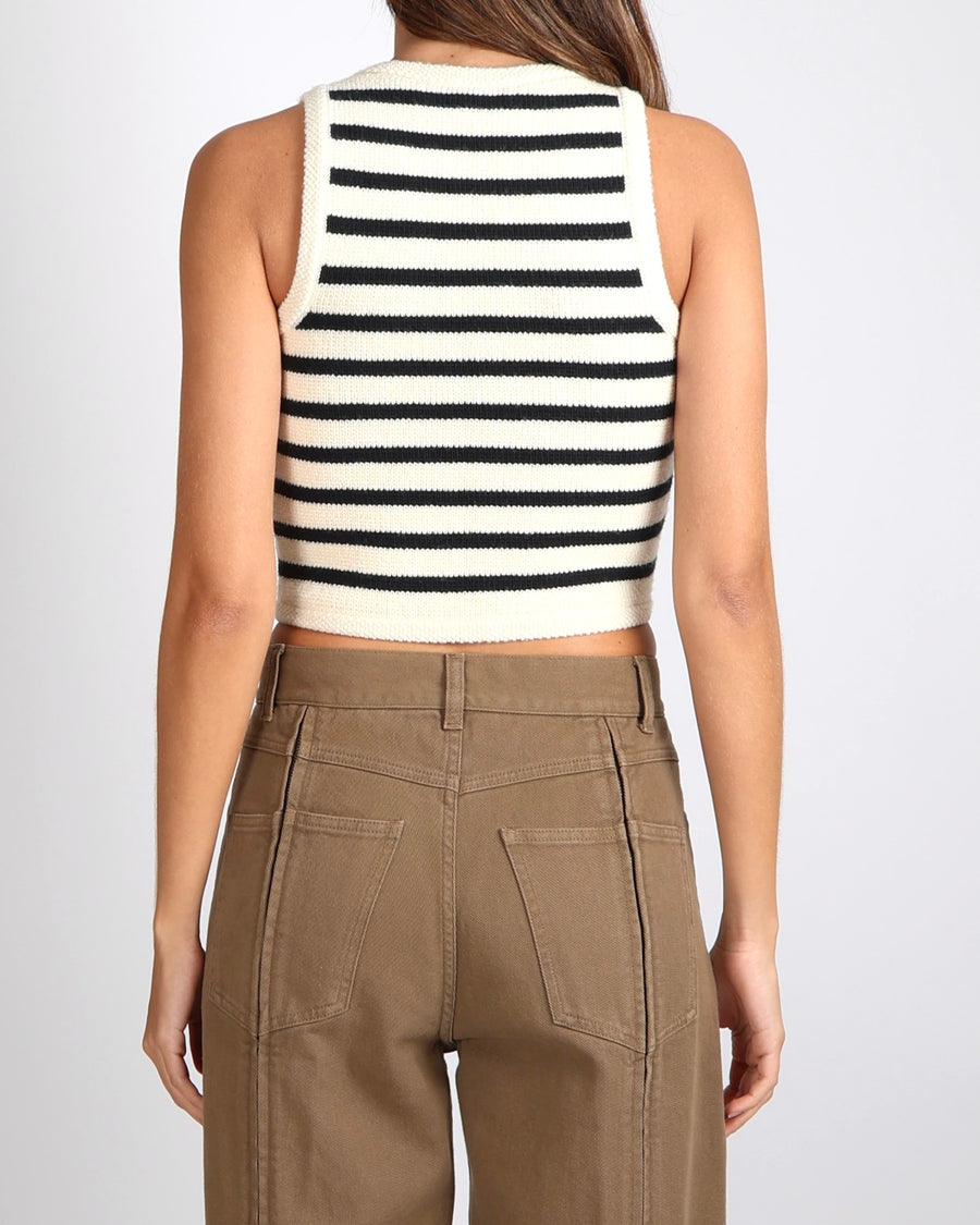 Celine Black and Ecru Striped Wool Sleeveless Vest Top with Gold Buttons Size XS (UK 6)