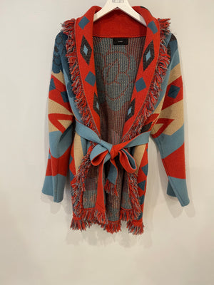 Alanui Red, Blue & Cream Belted Cashmere Jacquard Cardigan Size S (UK 8)