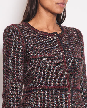 Chanel 02A Navy & Burgundy Multicolour Tweed Long Sleeve Jacket with Brown Buttons Detail Size FR 38 (UK 10)
