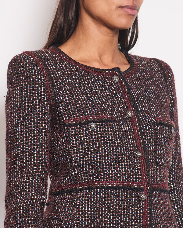 Chanel 02A Navy & Burgundy Multicolour Tweed Long Sleeve Jacket with Brown Buttons Detail Size FR 38 (UK 10)