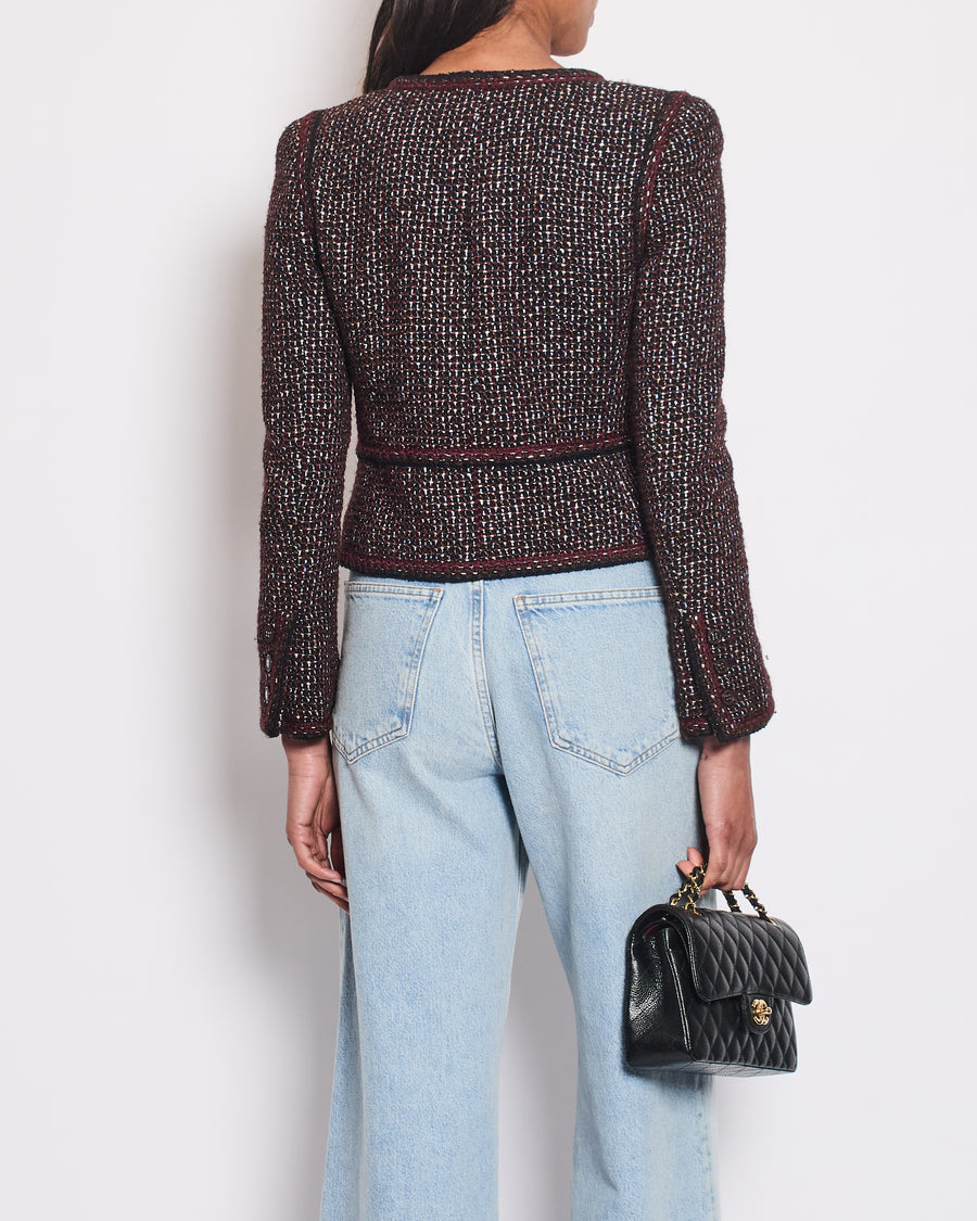 Chanel 02A Navy & Burgundy Multicolour Tweed Long Sleeve Jacket with Brown Buttons Detail Size FR 38 (UK 10)
