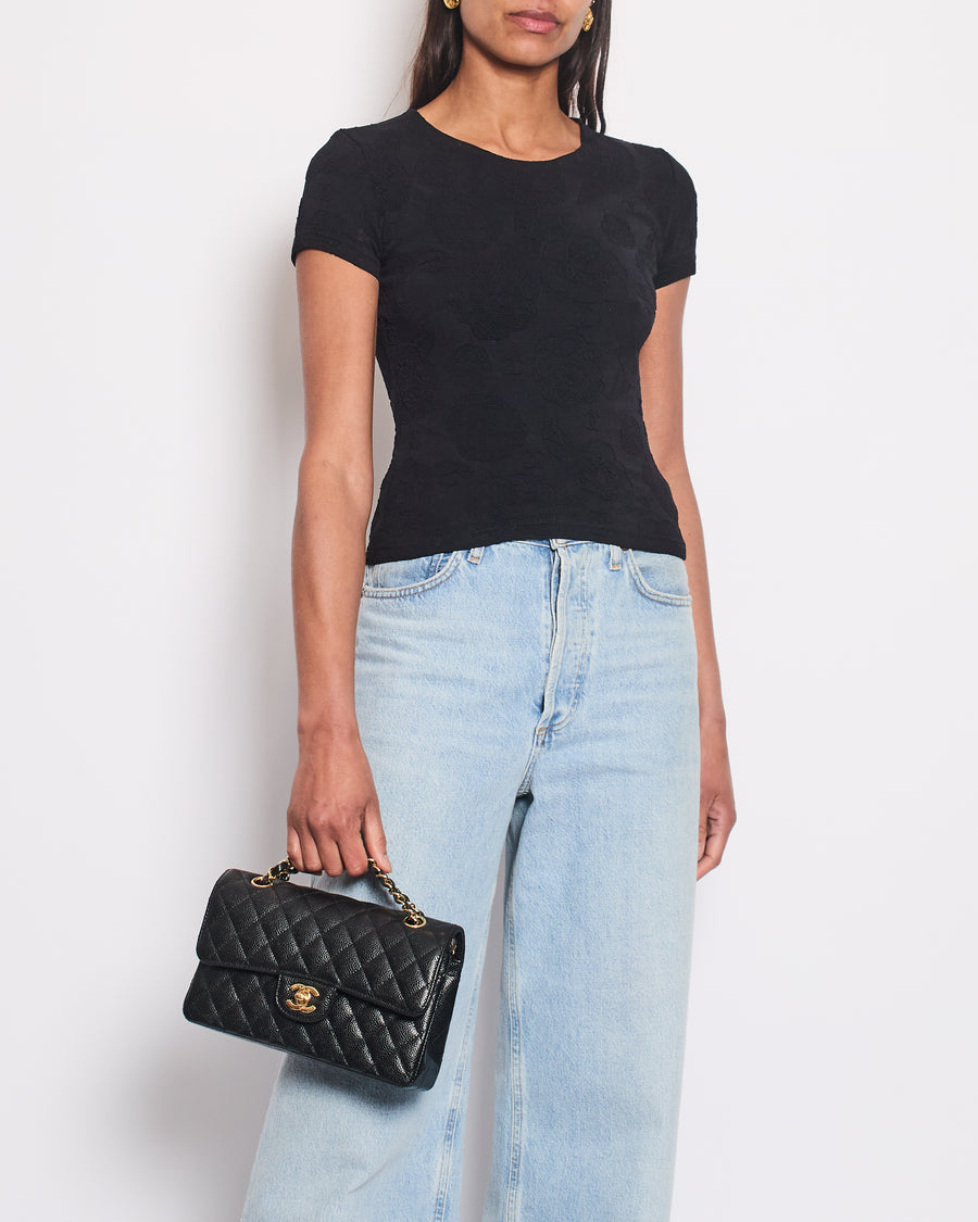 Chanel Black Stretch Short Sleeve T-Shirt with CC Logo & Cammelia Details Size FR 36 (UK 8)