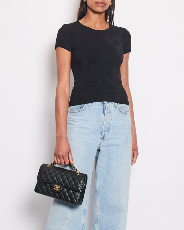 Chanel Black Stretch Short Sleeve T-Shirt with CC Logo & Cammelia Details Size FR 36 (UK 8)