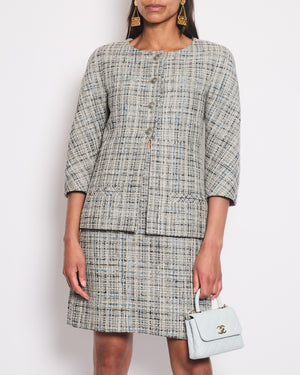 Chanel Grey and Blue Striped Tweed Jacket & Skirt Set with CC Logo Button Details Size FR 36 (UK 8)