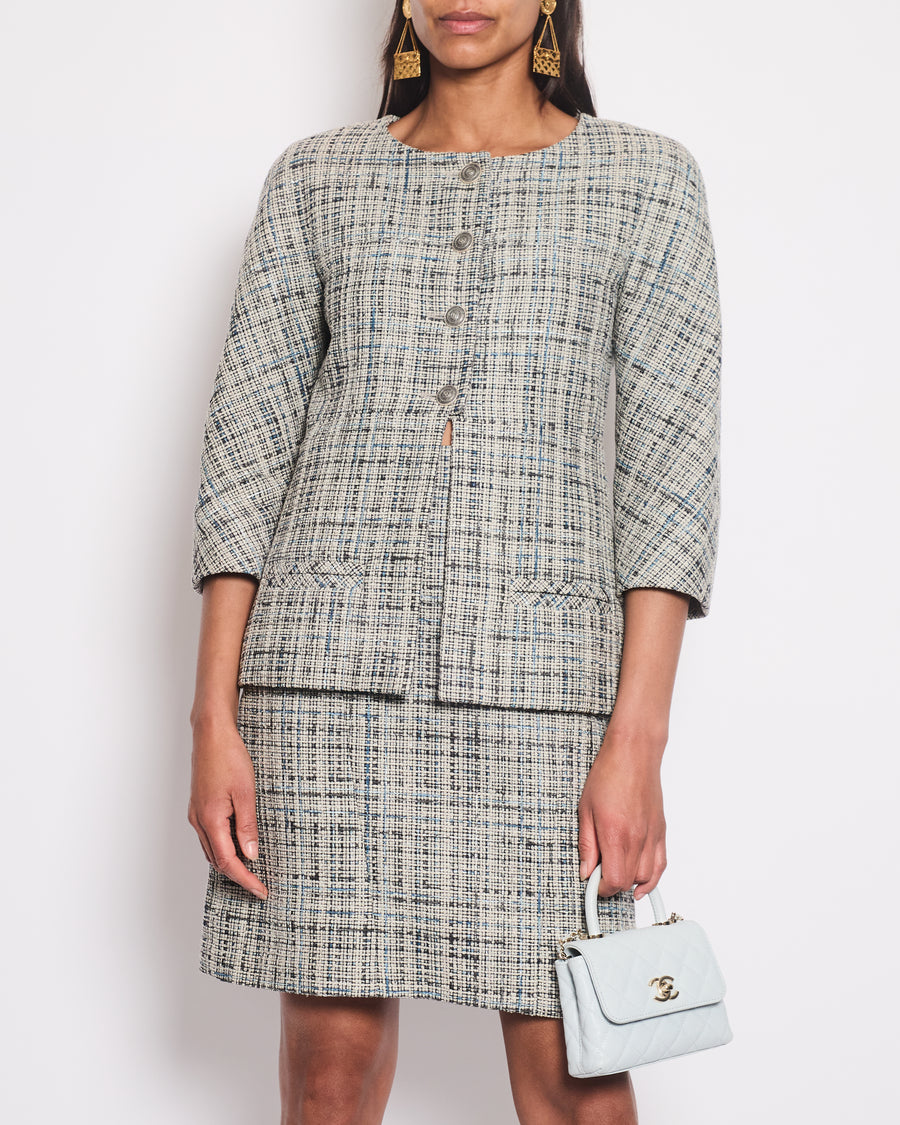 Chanel Grey and Blue Striped Tweed Jacket & Skirt Set with CC Logo Button Details Size FR 36 (UK 8)