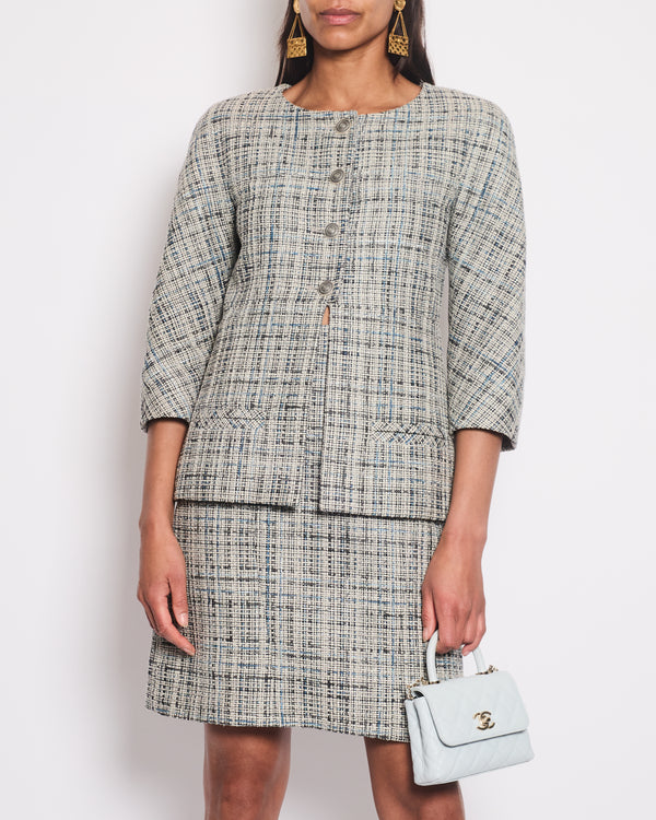 Chanel Grey and Blue Striped Tweed Jacket & Skirt Set with CC Logo Button Details Size FR 36 (UK 8)