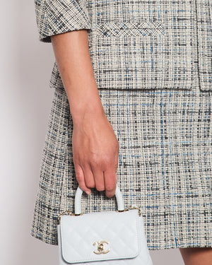 Chanel Grey and Blue Striped Tweed Jacket & Skirt Set with CC Logo Button Details Size FR 36 (UK 8)