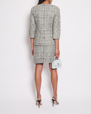 Chanel Grey and Blue Striped Tweed Jacket & Skirt Set with CC Logo Button Details Size FR 36 (UK 8)