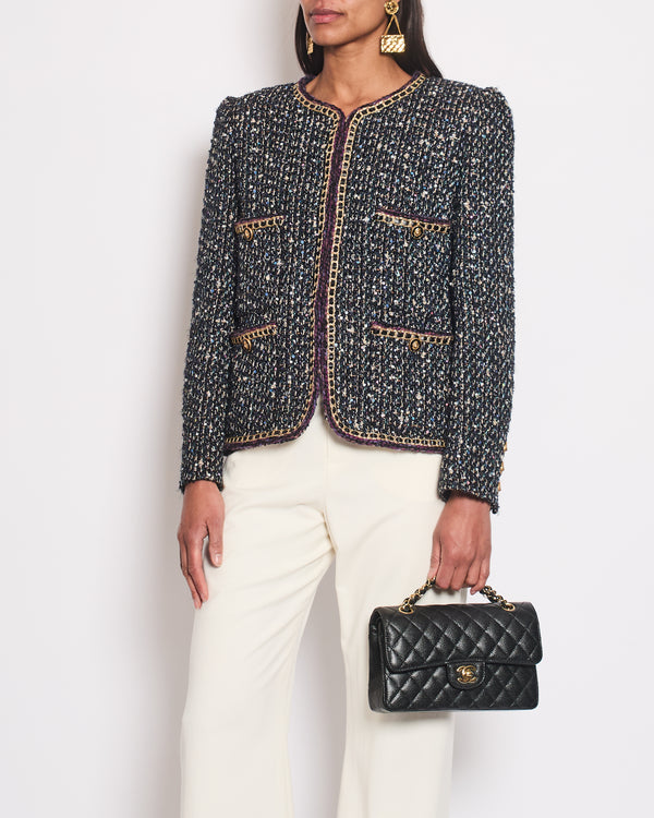 Chanel 21/A Navy Fantasy Tweed Jacket with Leather Piping and Lion Button Detail Size FR 38 (UK 10)