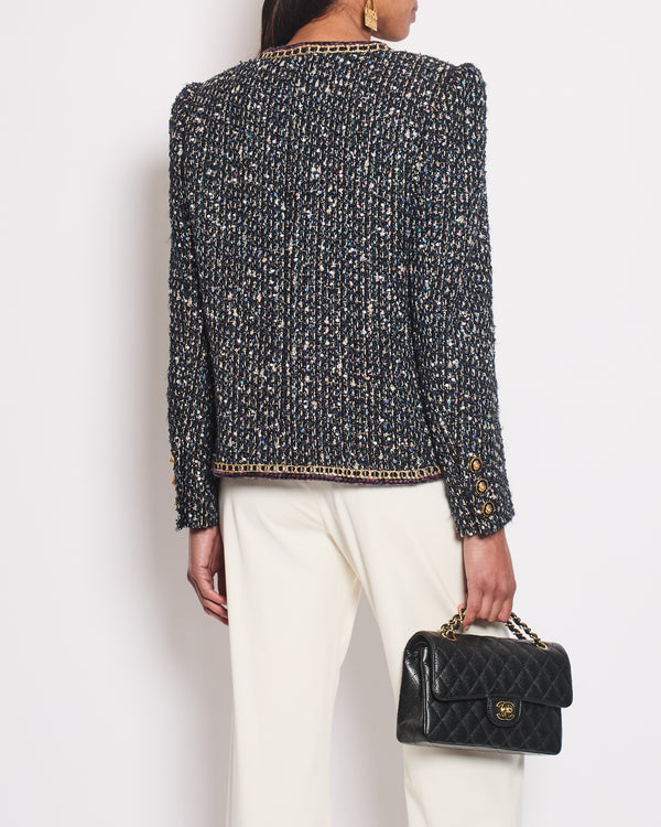 Chanel 21/A Navy Fantasy Tweed Jacket with Leather Piping and Lion Button Detail Size FR 38 (UK 10)