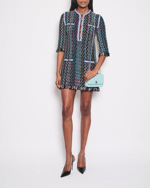 Chanel Black, Turquoise & Purple Zig Zag Dress with Frayed Edge Size FR 34 (UK 6)