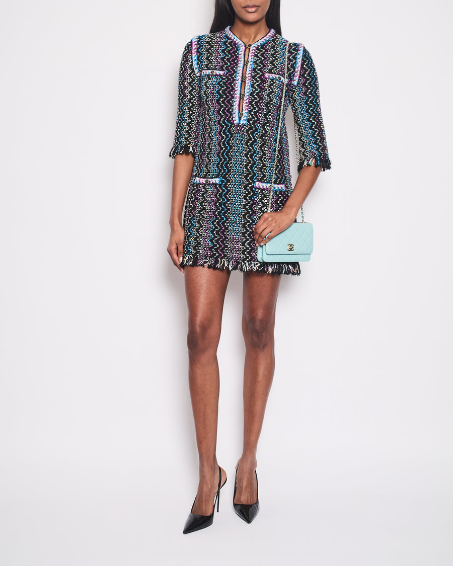 Chanel Black, Turquoise & Purple Zig Zag Dress with Frayed Edge Size FR 34 (UK 6)