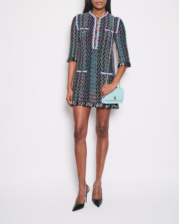 Chanel Black, Turquoise & Purple Zig Zag Dress with Frayed Edge Size FR 34 (UK 6)