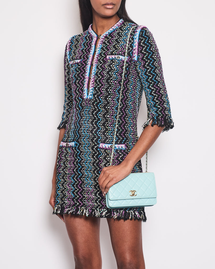 Chanel Black, Turquoise & Purple Zig Zag Dress with Frayed Edge Size FR 34 (UK 6)