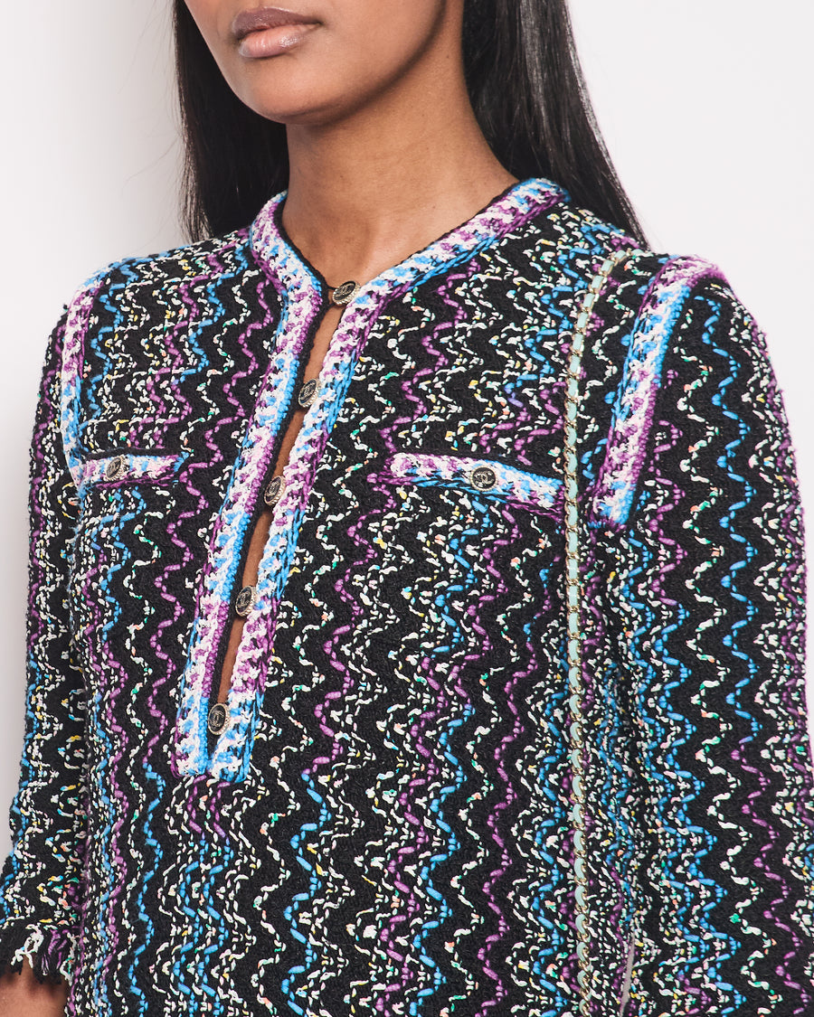 Chanel Black, Turquoise & Purple Zig Zag Dress with Frayed Edge Size FR 34 (UK 6)