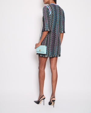 Chanel Black, Turquoise & Purple Zig Zag Dress with Frayed Edge Size FR 34 (UK 6)