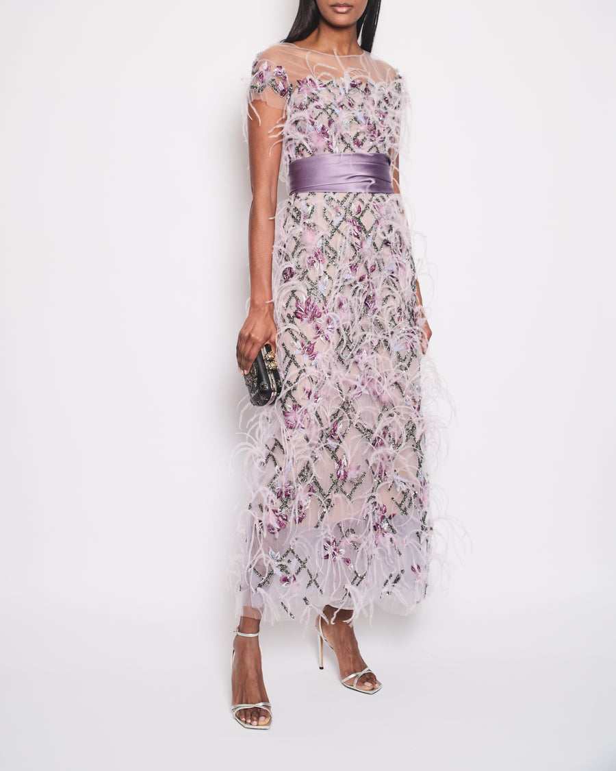 Marchesa Lilac Short Sleeve Mesh Sequin Dress with Ostrich Feather Detail Size UK 8