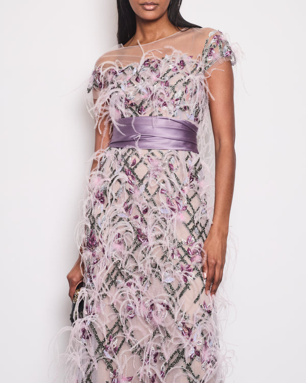 Marchesa Lilac Short Sleeve Mesh Sequin Dress with Ostrich Feather Detail Size UK 8