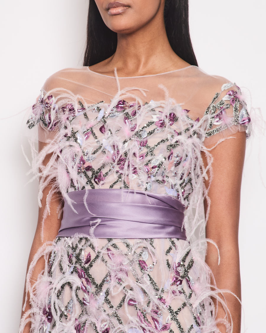 Marchesa Lilac Short Sleeve Mesh Sequin Dress with Ostrich Feather Detail Size UK 8