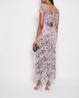 Marchesa Lilac Short Sleeve Mesh Sequin Dress with Ostrich Feather Detail Size UK 8