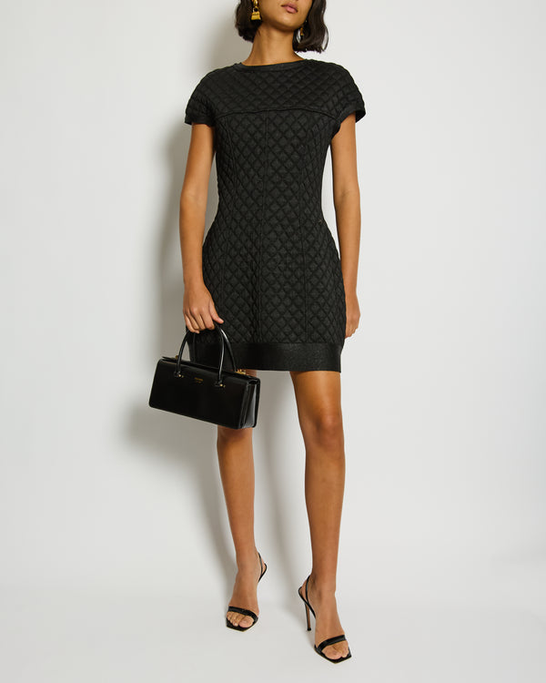 Chanel Black Padded Shimmery Short Sleeve Bodycon Mini Dress with CC Logo Detail Size FR 40 (UK 12)