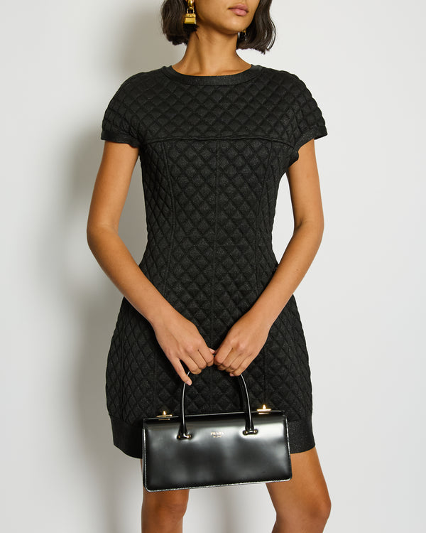Chanel Black Padded Shimmery Short Sleeve Bodycon Mini Dress with CC Logo Detail Size FR 40 (UK 12)