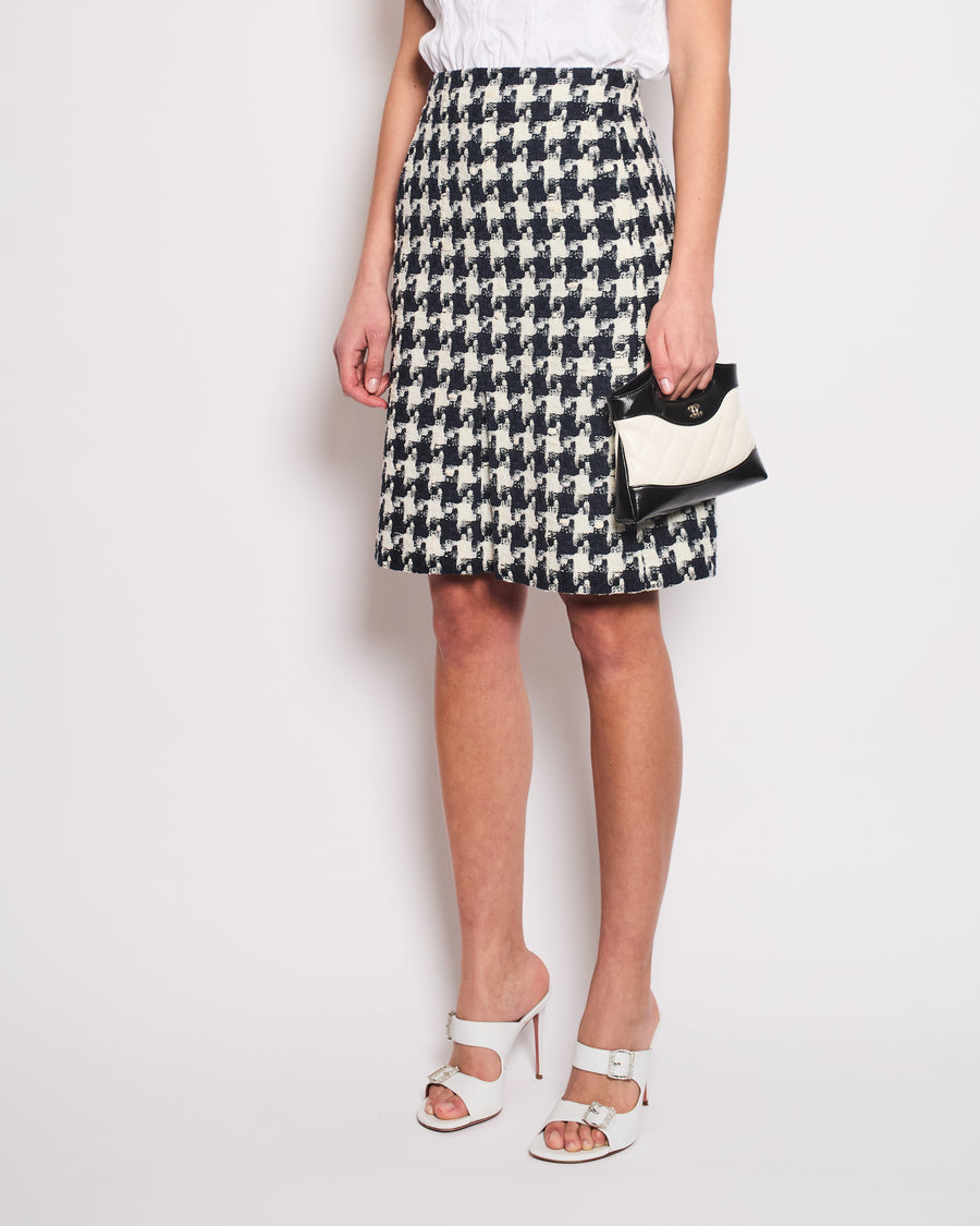 Chanel 07/P Black, Navy and White Houndstooth Midi Skirt FR 38 (UK 10)