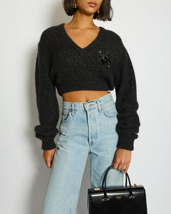 Alessandra Rich Black Mohair Long-Sleeve Cropped Jumper with Embellished Flower Detail IT 40 (UK 8)