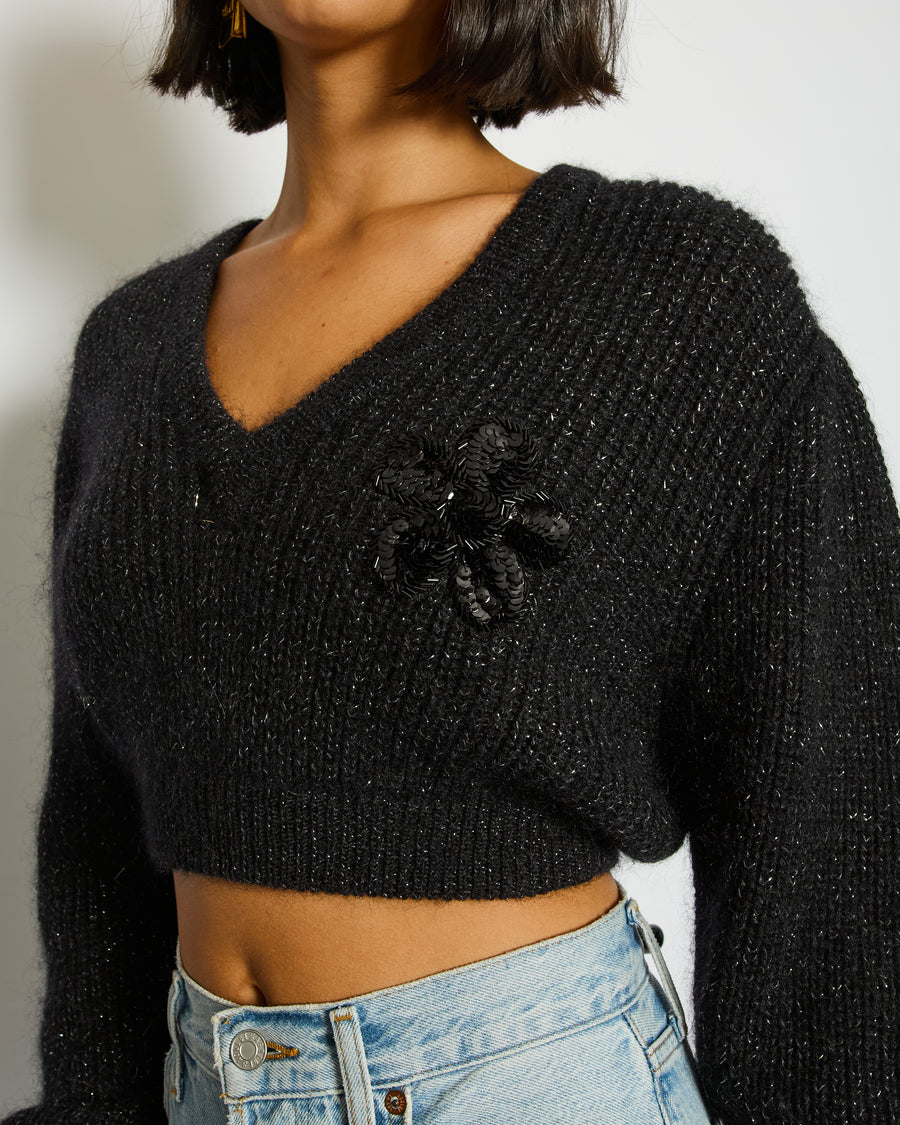Alessandra Rich Black Mohair Long-Sleeve Cropped Jumper with Embellished Flower Detail IT 40 (UK 8)