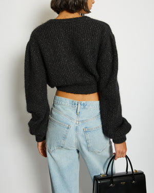Alessandra Rich Black Mohair Long-Sleeve Cropped Jumper with Embellished Flower Detail IT 40 (UK 8)