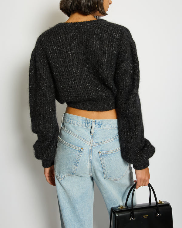 Alessandra Rich Black Mohair Long-Sleeve Cropped Jumper with Embellished Flower Detail IT 40 (UK 8)