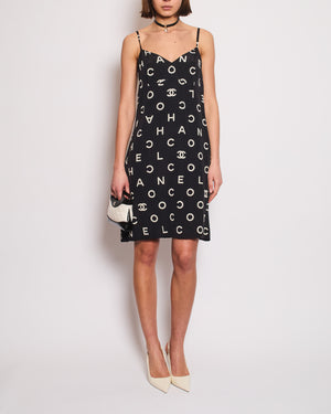Chanel Vintage Runway 97S Black, White CC Logo Slip Dress and Jacket Set with CC Chanel Button Size FR 42 (UK 14)